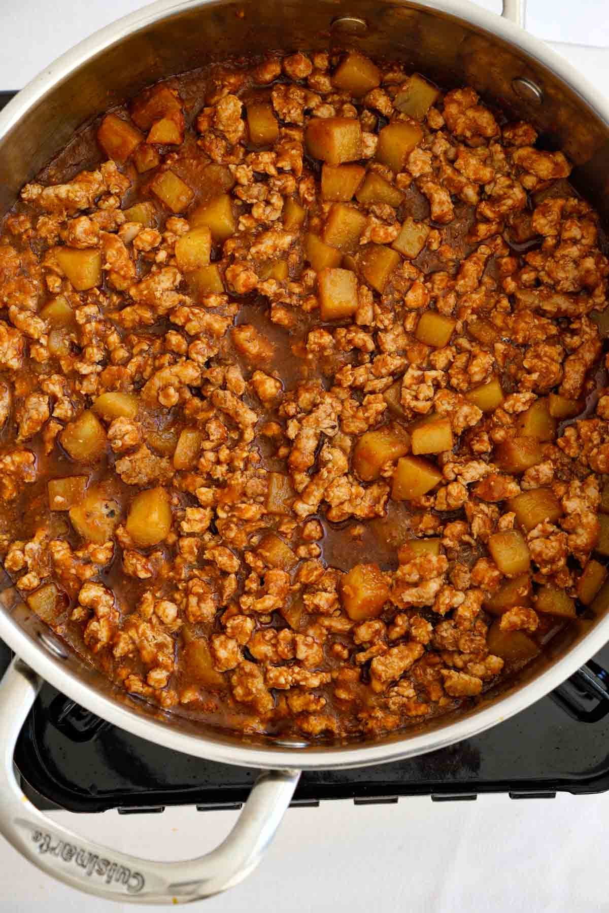 Ground pork tacos Mexican recipe - taco filling ready in the pan