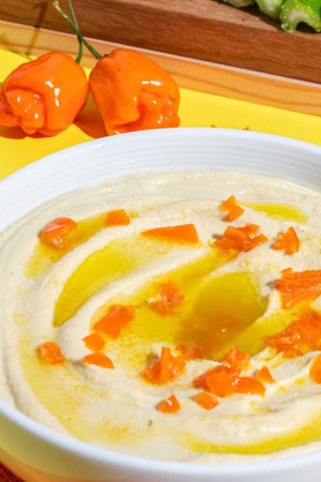 Spicy Hummus with Habanero served with pita bread, celery sticks and baby carrots.