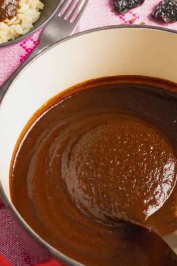 Red Mole sauce- no nuts or peanuts served in a pot with some rice on the side