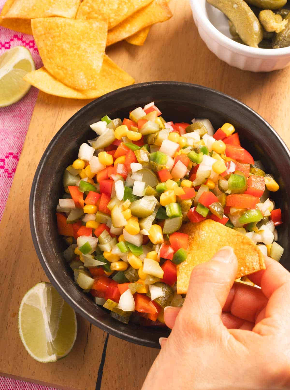 Pickle de Gallo served in a bowl ready to be eaten with tortilla chips.