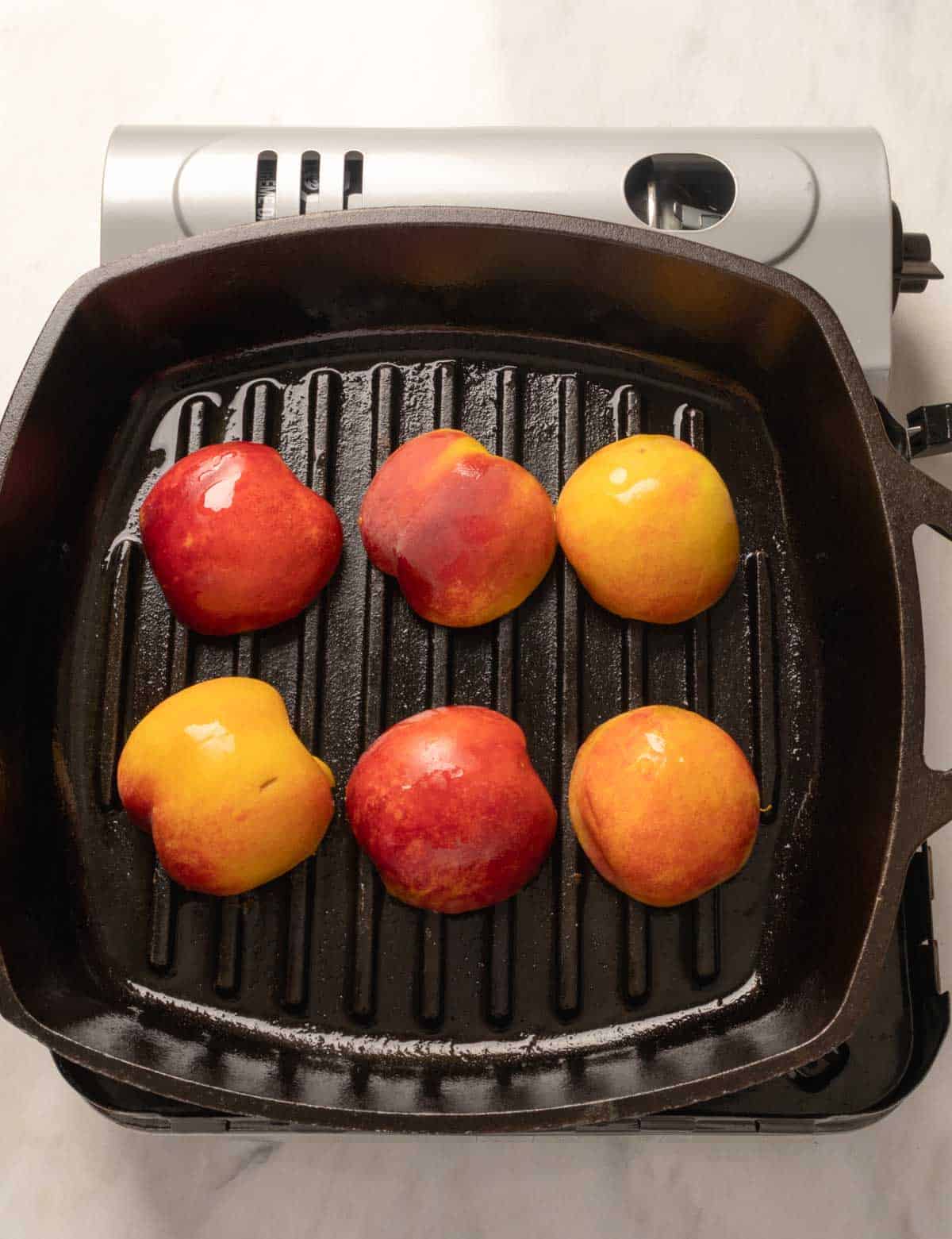 Salad with Grilled Peaches- peaches on grill pan