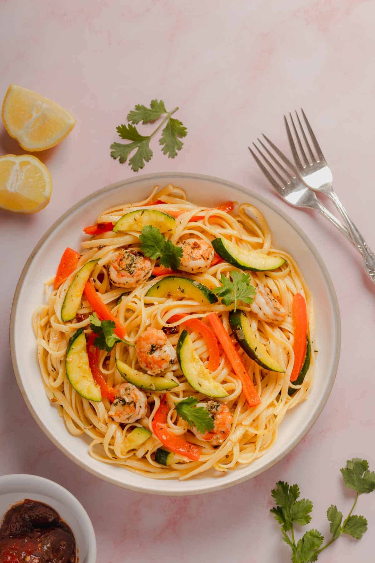 Zesty Shrimp Pasta with Lime and Chipotle served in bowl.