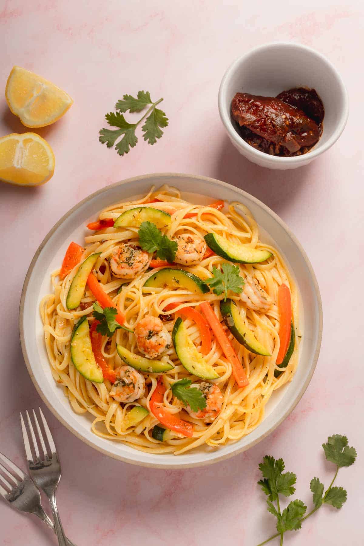 zesty shrimp zucchini pasta with lime and chipotle final presentation
