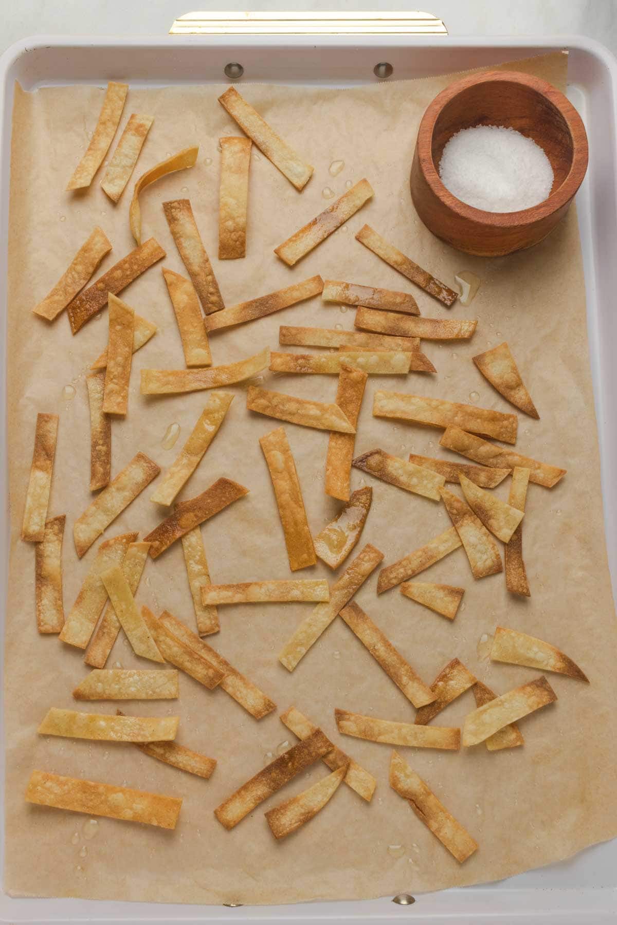 Tortilla strips after baking.