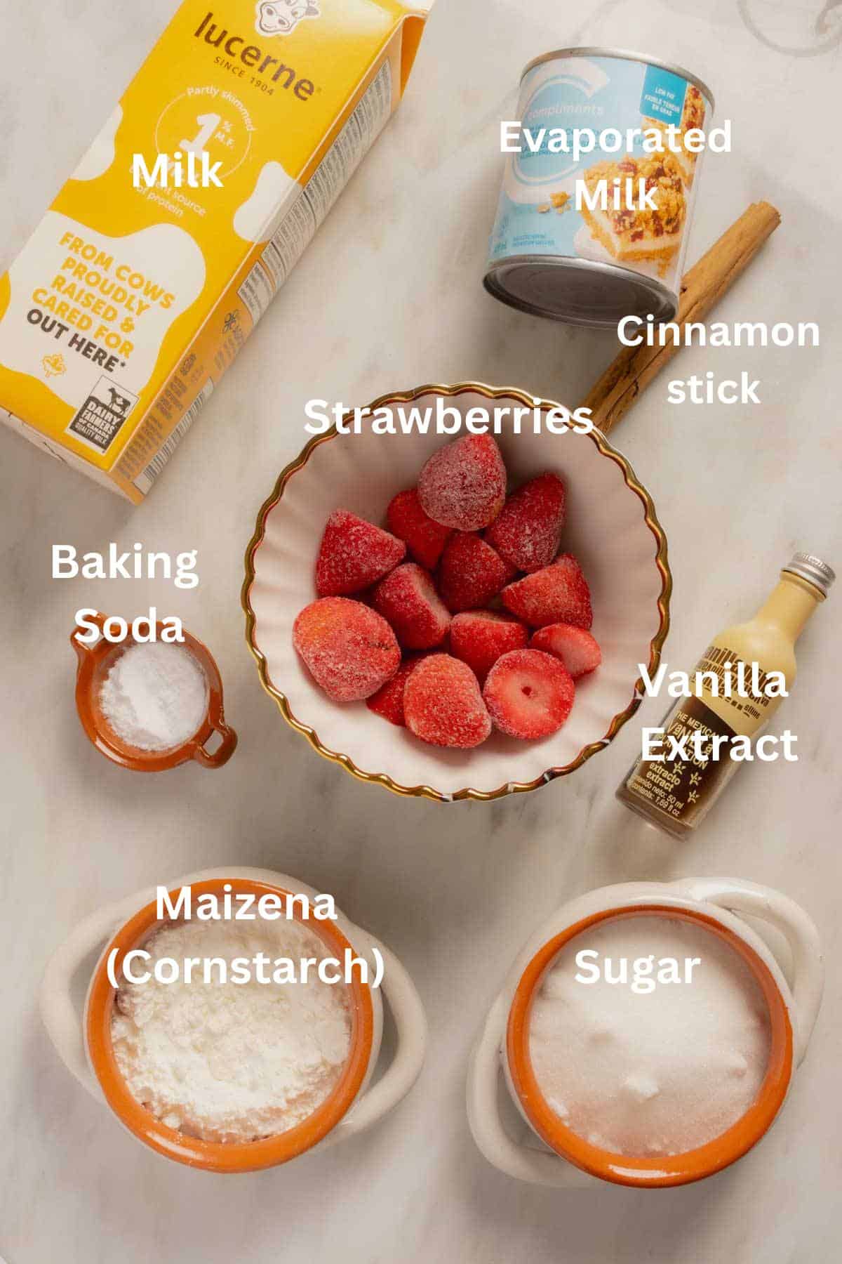 Ingredients for making Strawberry Atole (Atole de Fresa).