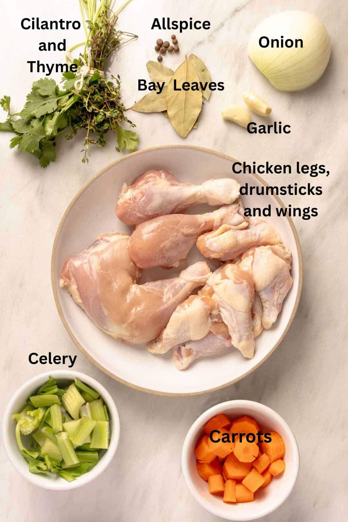 Ingredients for preparing chicken broth.